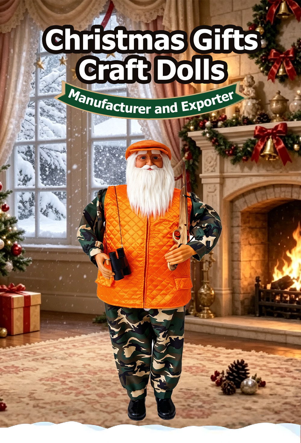 Hunting Santa Claus Figurine, Camouflage Hunter Santa with Orange Vest Binoculars & Gun Christmas Scene Decor