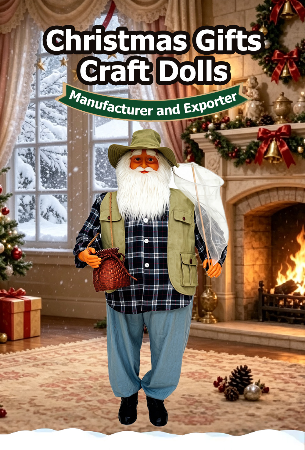 Life Size Fisherman Santa Claus Figurine with Fishing Net & Basket