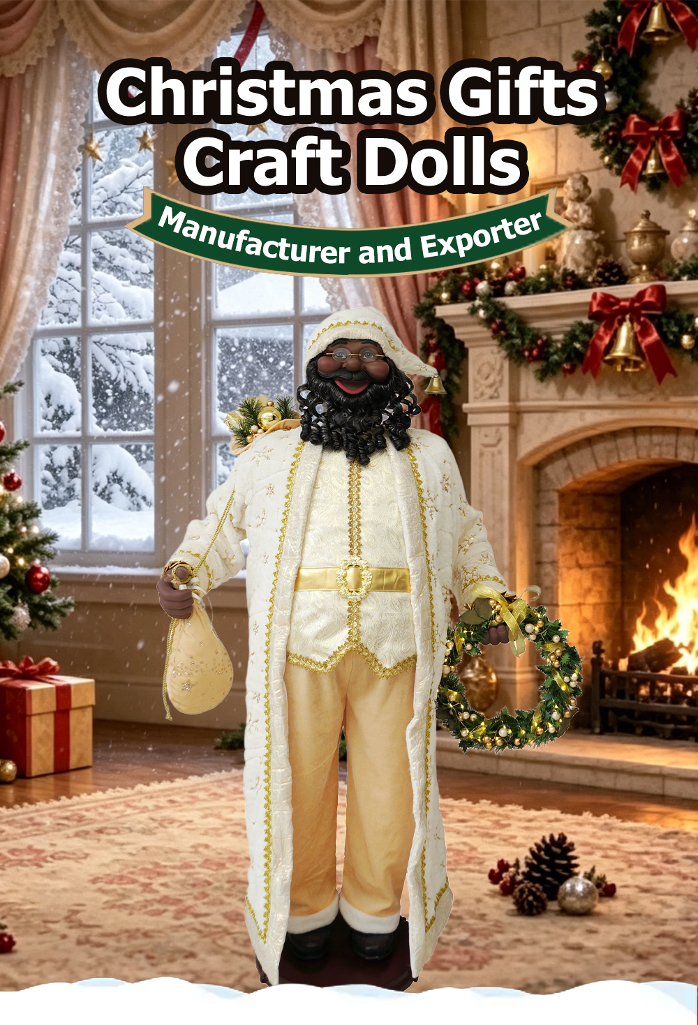 Life Size Black Santa Claus Figurine with Wreath & Gift Sack