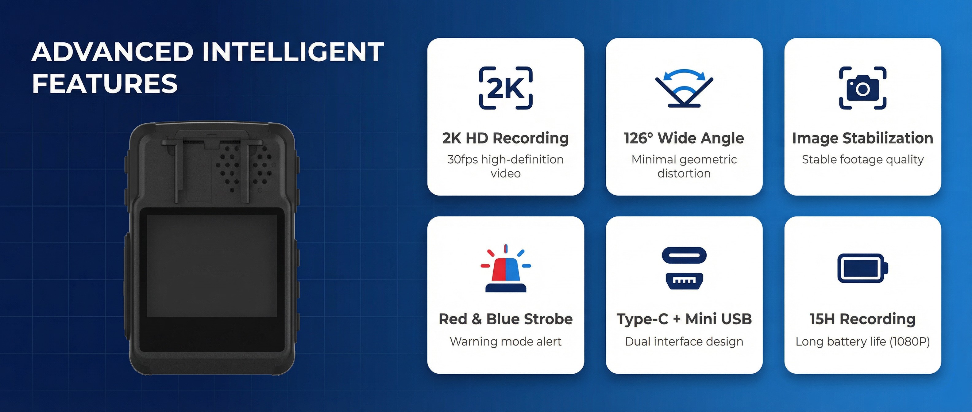 BWC-H2 Image Stabilization, Red and Blue Flashing Lights - Wearable Body Camera (Minimum Geometric Distortion)