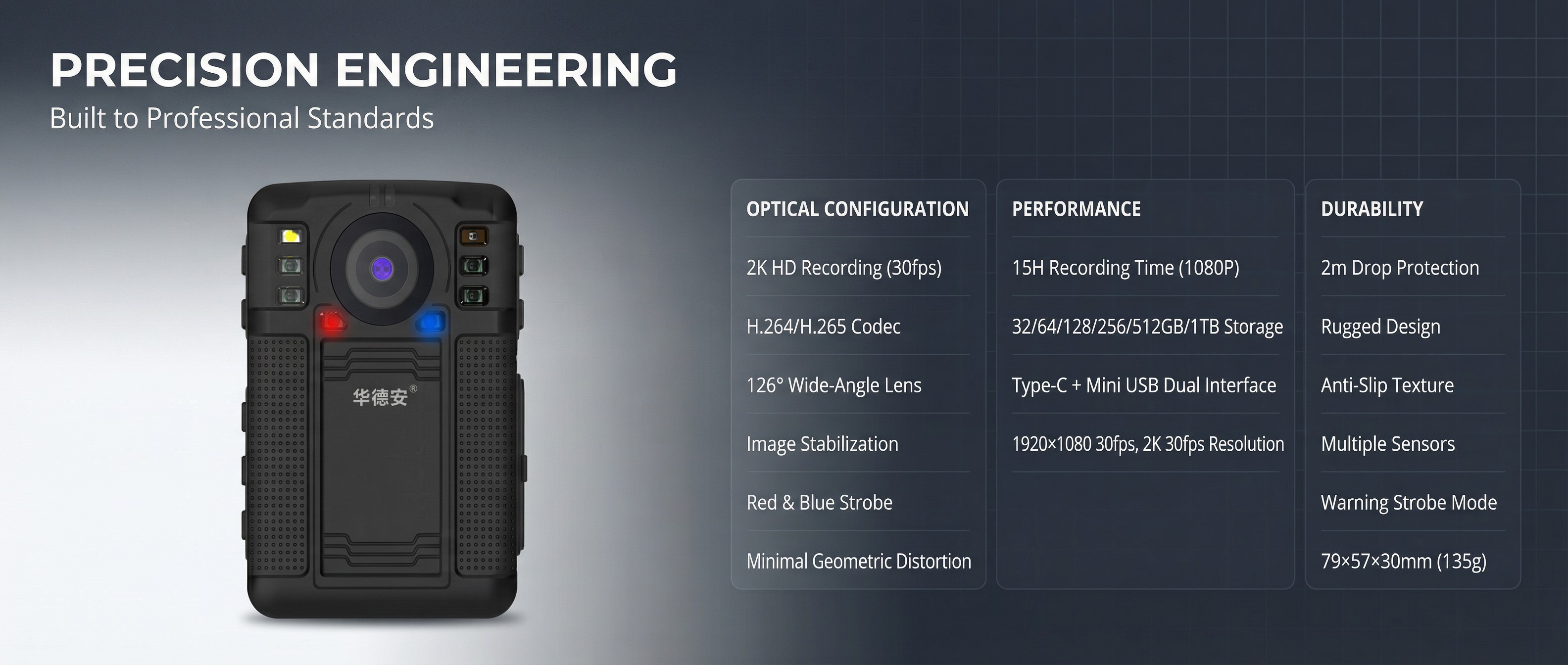 BWC-H2 Image Stabilization, Red and Blue Flashing Lights - Wearable Body Camera (Minimum Geometric Distortion)