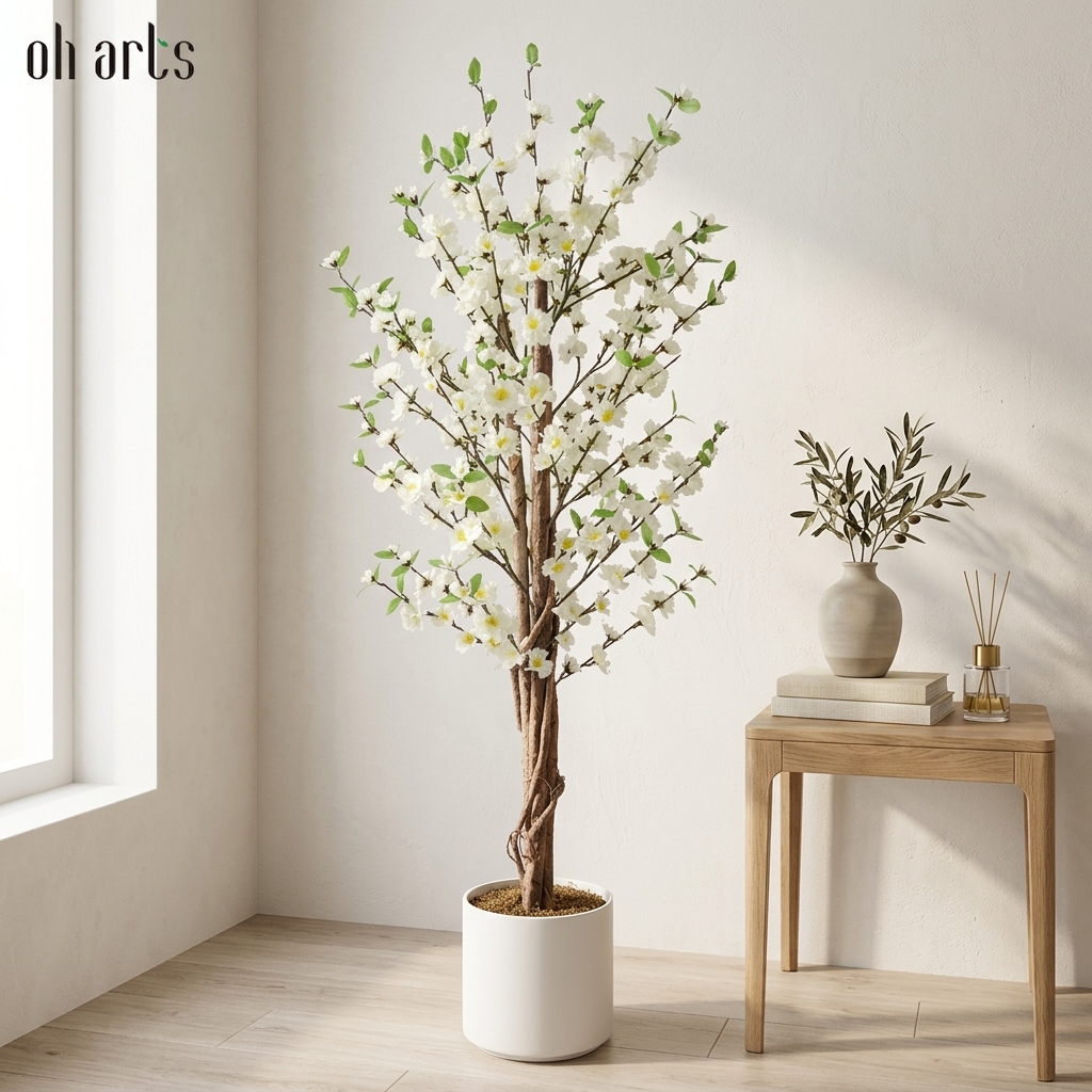 OH ARTS| The Serene Blossom: Handcrafted 4FT Artificial White Cherry Blossom Tree with Natural Wood Trunk & Weighted Pot — Everlasting Spring Decor