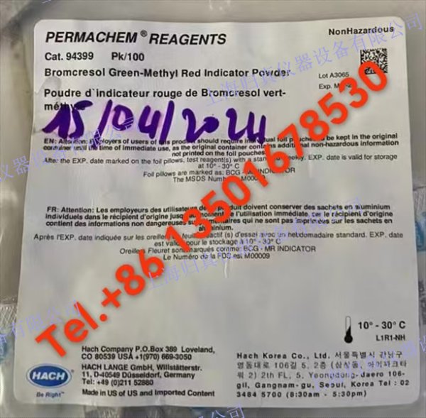 哈希HACH 溴化酚 綠甲基紅指示劑粉枕，pk/100 產(chǎn)品編號(hào)：?94399 聯(lián)繫我們18917745787或13501678530 用於通過滴定法測(cè)定總鹼度