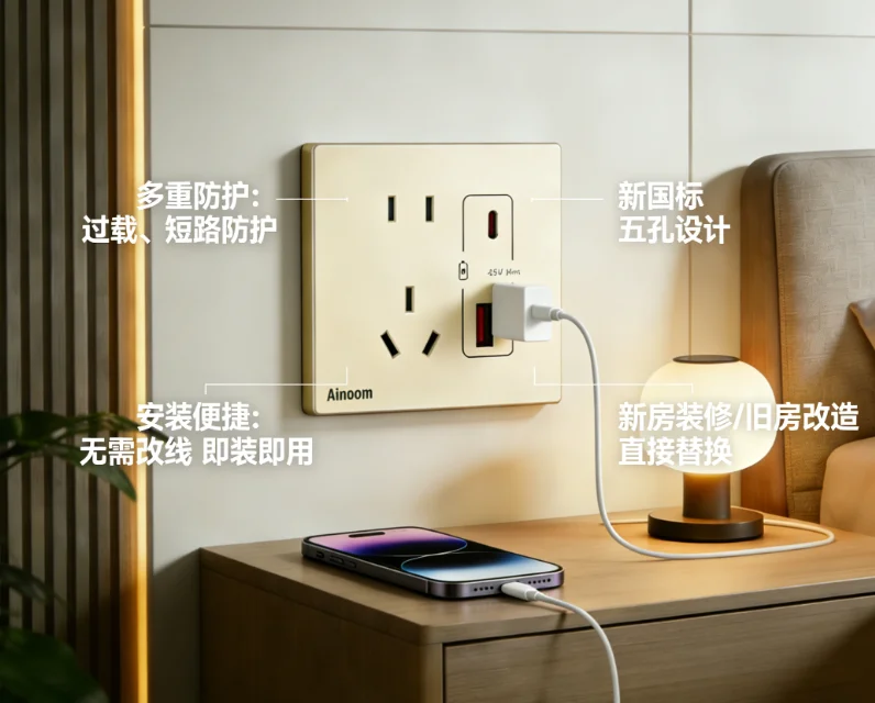 浩博特旗下安诺姆 45W A+C快充五孔插座｜一插座搞定全屋快充