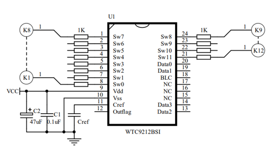 WTC9212BSI(TBI)---12鍵BCD輸出電容式觸摸IC