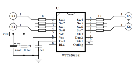 WTC9208BSI---8鍵BCD輸出電容式觸摸IC