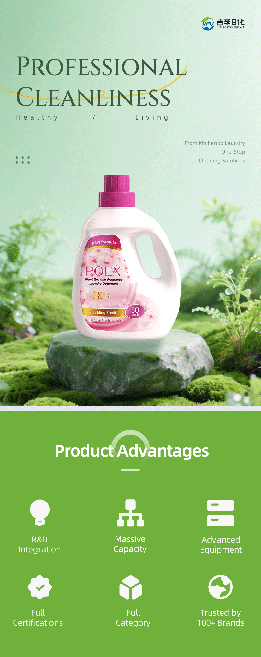 POEX Plant Enzyme Fragrance Laundry Detergent Sparkling Fresh 50 Loads for Hand and Machine Wash