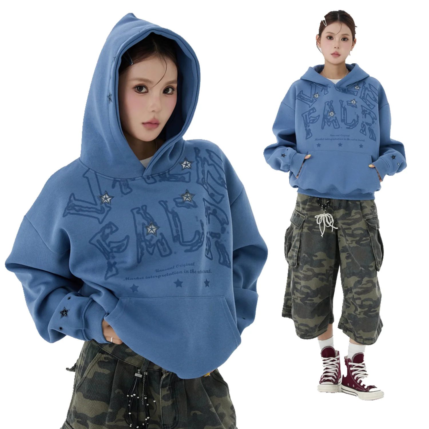 Loose hoodie with high-end and trendy star embroidery and cutout design
