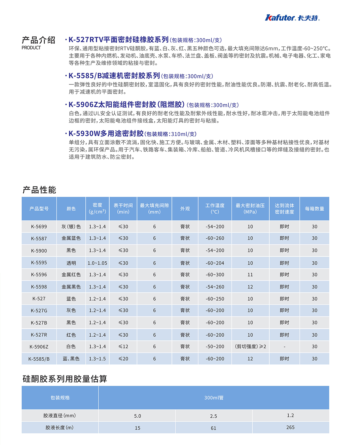 硅橡胶平面密封胶产品介绍
K-527RTV平面密封硅橡胶系列,K-5585/B减速机密封胶系列,K-5906Z太阳能组件密封胶(阻燃胶),K-5930W多用途密封胶