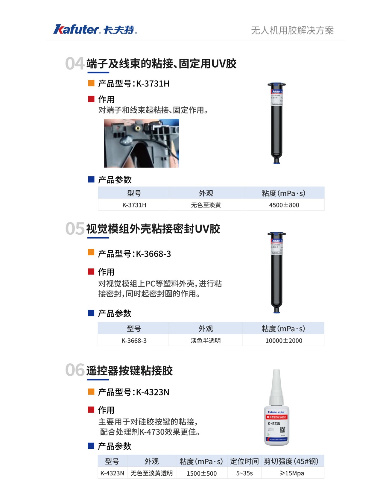 端子及线束的粘接、固定用UV胶
产品型号:K-3731H
视觉模组外壳粘接密封UV胶
产品型号:K-3668-3
遥控器按键粘接胶
产品型号:K-4323N