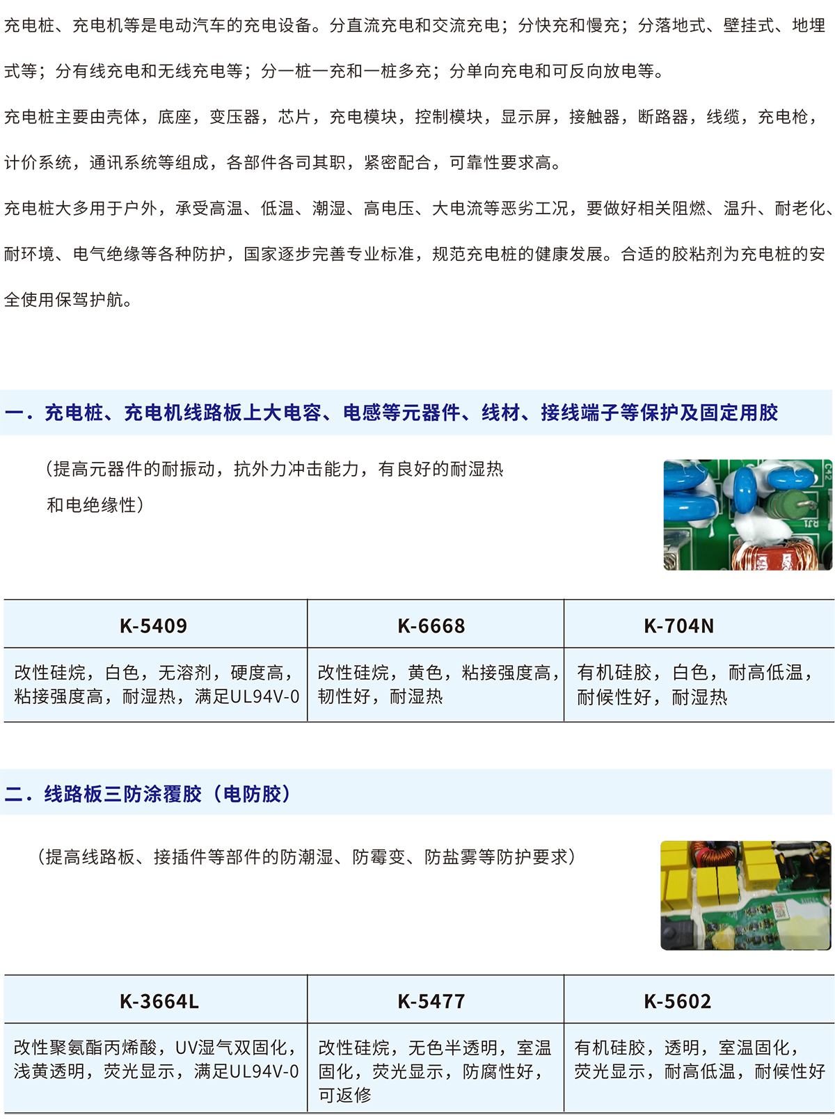 充電樁、充電機(jī)線路板上大電容、電感等元器件、線材、接線端子等保護(hù)及固定用膠K-5409、K-6668、K-704N
線路板三防涂覆膠(電防膠)K-3664L、K-5477、K-5602