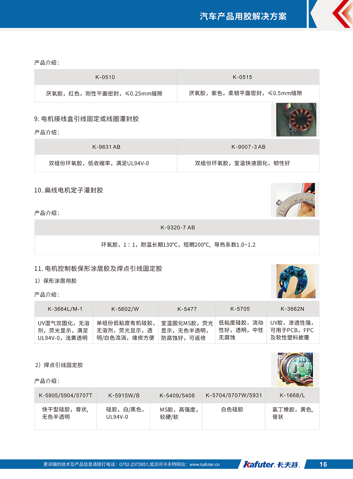 電機(jī)接線盒引線固定或線圈灌封膠K-9631AB,K-9007-3AB
扁線電機(jī)定子灌封膠K-9320-7 AB
電機(jī)控制板保形涂層膠及焊點(diǎn)引線固定膠1)保形涂層用膠:K-3664L/M-1,K-5602/W,K-5477,K-5705K-3662N2)焊點(diǎn)引線固定膠:K-5905/5904/5707T,K-5915W/B,K-5409/5408,K-5704/5707W/5931,K-1668/L