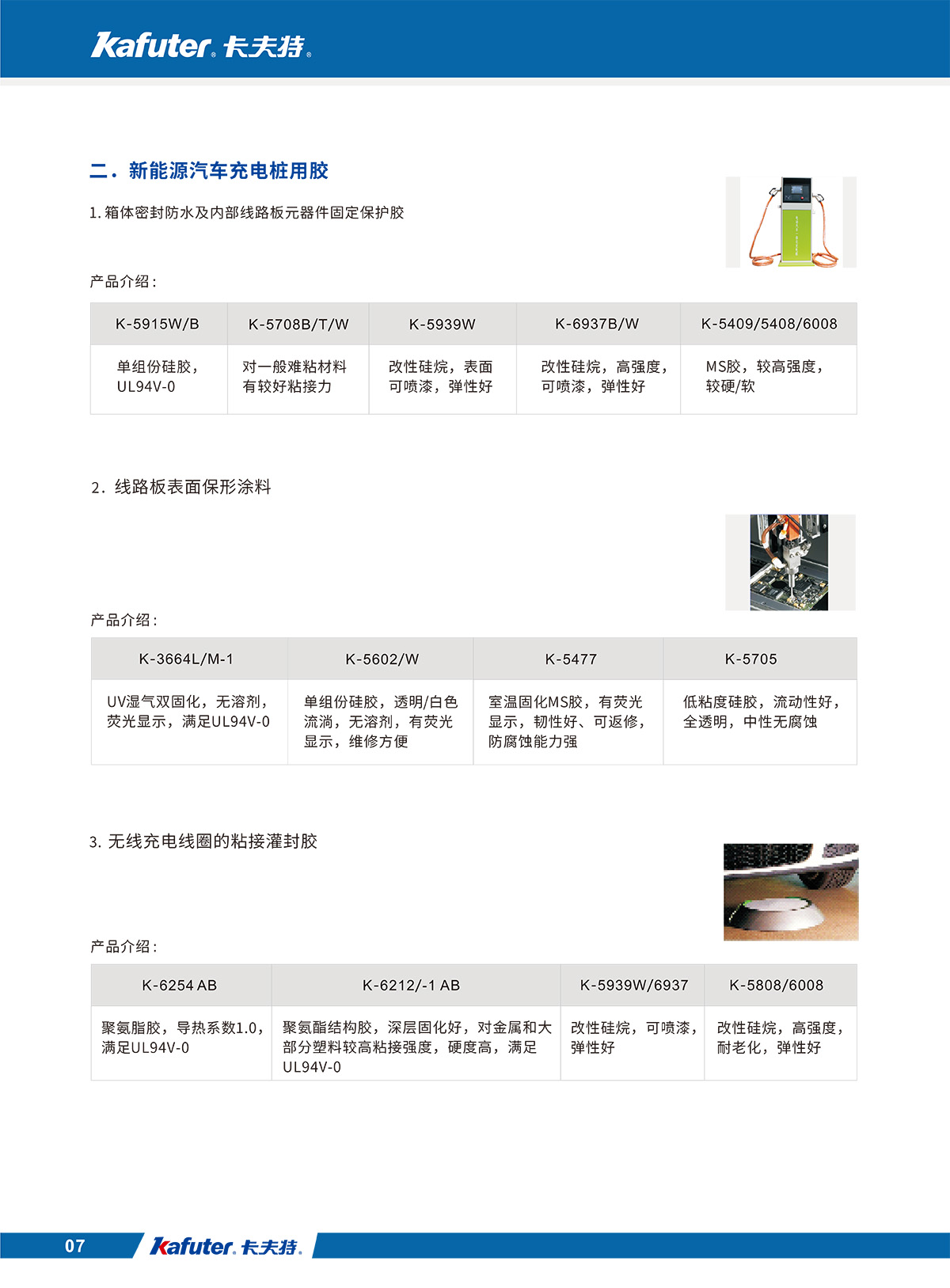 新能源汽车充电桩用胶
1.箱体密封防水及内部线路板元器件固定保护胶
K-5915W/B,K-5708B/T/W,K-5939W,K-6937B/W,K-5409/5408/6008
2.线路板表面保形涂料
K-3664L/M-1,K-5602/W,K-5477,K-5705
3.无线充电线圈的粘接灌封胶
K-6254 ABK-6212/-1 AB,K-5939W/6937,K-5808/6008