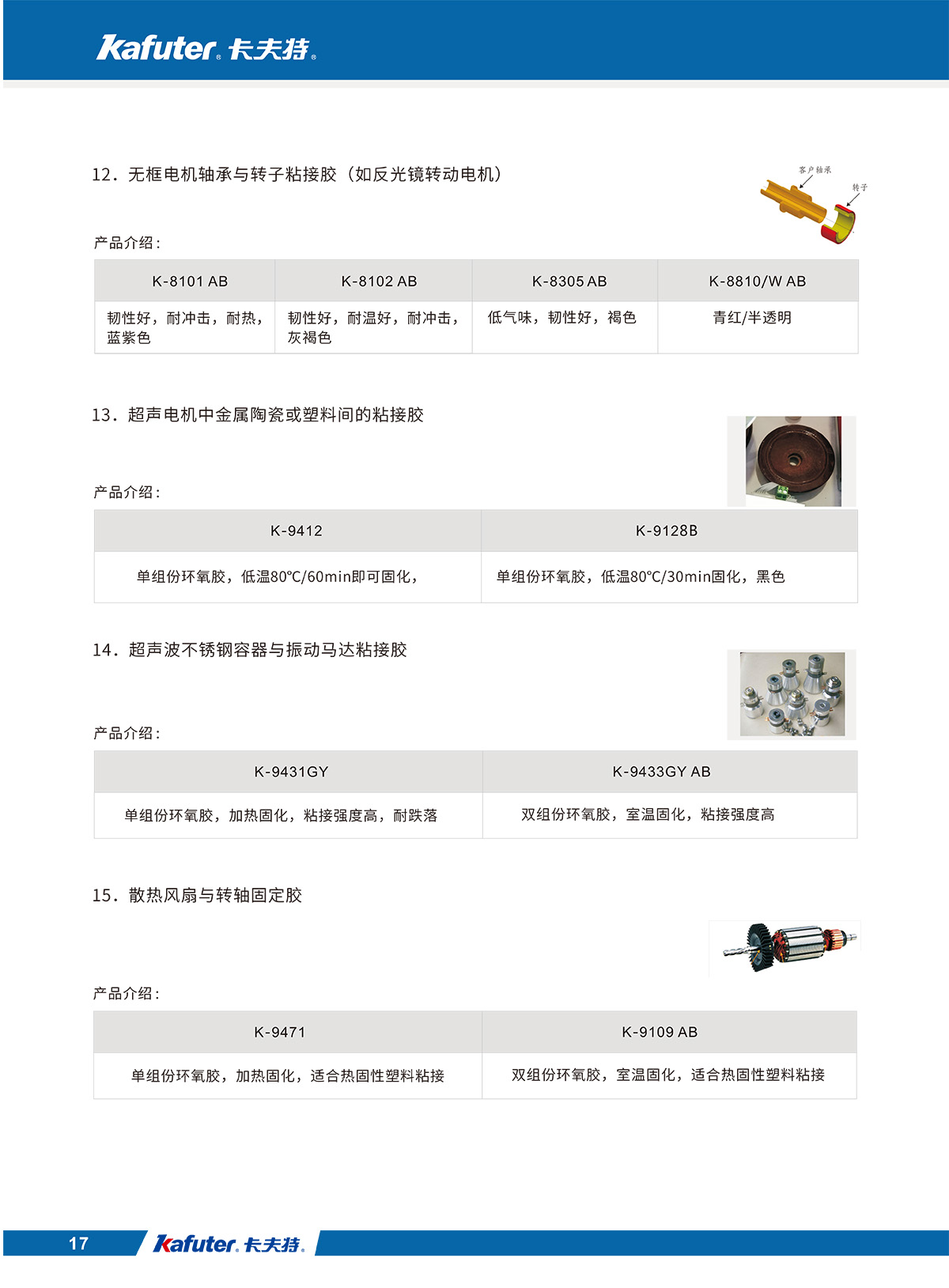 无框电机轴承与转子粘接胶K-8101 AB,K-8102 AB,K-8305 AB,K-8810/W AB
超声电机中金属陶瓷或塑料间的粘接胶K-9412,K-9128B
超声波不锈钢容器与振动马达粘接胶K-9431GY,K-9433GY AB
散热风扇与转轴固定胶K-9471,K-9109 AB