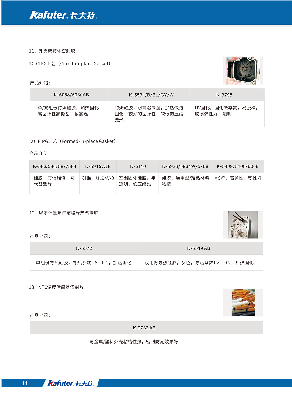 汽车电子产品用胶
11.外壳或箱体密封胶CIPG工艺：K-5058/5030AB,K-5531/B/BL/GY/W,K-3798FIPG工艺：K-583/586/587/588
,K-5915W/B,K-5110,K-5926/5931W/5708,K-5409/5408/6008
12.尿素计量泵传感器导热粘接胶K-5572,K-5519AB
13.NTC温度传感器灌封胶K-9732 AB