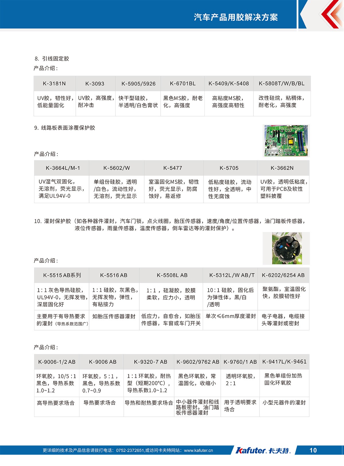 汽车电子产品用胶
8.引线固定胶K-3181N,K-3093,K-5905/5926,K-6701BL,K-5409/K-5408,K-5808T/W/B/BL
9.线路板表面涂覆保护胶K-3664L/M-1,K-5602/W,K-5477,K-5705,K-3662N
10.灌封保护胶K-5515AB系列,K-5516 AB,K-5508L AB,K-5312L/W AB/T,K-6202/6254 AB;K-9006-1/2 AB,K-9006 AB,K-9320-7 AB,K-9602/9762AB,K-9760/1AB,K-9417L/K-9461