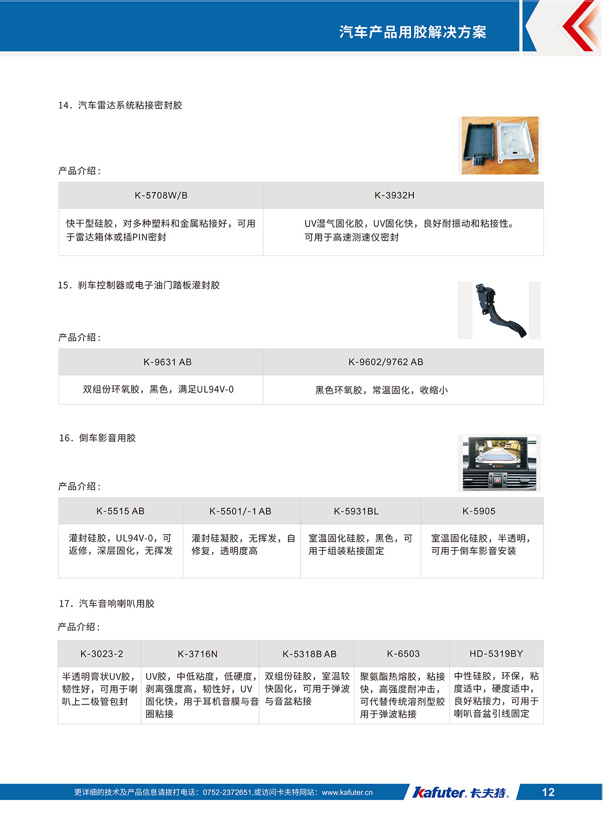 汽车电子产品用胶
14.汽车雷达系统粘接密封胶K-5708W/B,K-3932H
15.刹车控制器或电子油门踏板灌封胶K-9631 AB,K-9602/9762 AB
16.倒车影音用胶K-5515 AB,K-5501/-1 AB,K-5931BL,K-5905
17.汽车音响喇叭用胶K-3023-2,K-3716N,K-5318BAB,K-6503,HD-5319BY