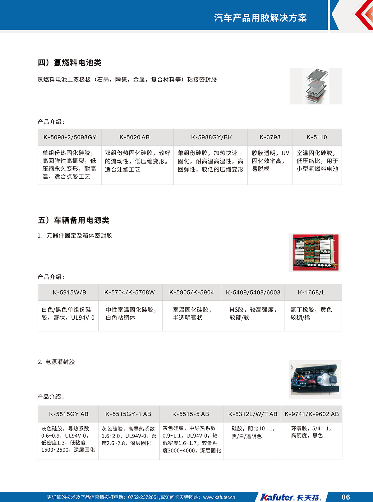 四)氫燃料電池類(lèi)
氫燃料電池上雙極板(石墨，陶瓷，金屬，復(fù)合材料等)粘接密封膠K-5098-2/5098GY,K-5020AB,K-5988GY/BK,K-3798,K-5110
五)車(chē)輛備用電源類(lèi)
1.元器件固定及箱體密封膠K-5915W/B,K-5704/K-5708W,K-5905/K-5904,K-5409/5408/6008,K-1668/L
2.電源灌封膠K-5515GY AB,K-5515GY-1 AB,K-5515-5 AB,K-5312L/W/TAB,K-9741/K-9602 AB