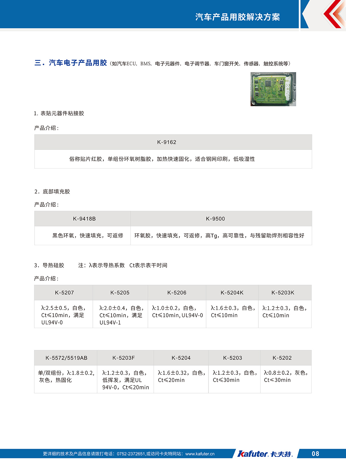 汽车电子产品用胶
1.表贴元器件粘接胶K-9162
2.底部填充胶K-9418B,K-9500
3.导热硅胶K-5207K-5205,K-5206,K-5204K,K-5203KK-5572/5519AB,K-5203F,K-5204,K-5203,K-5202