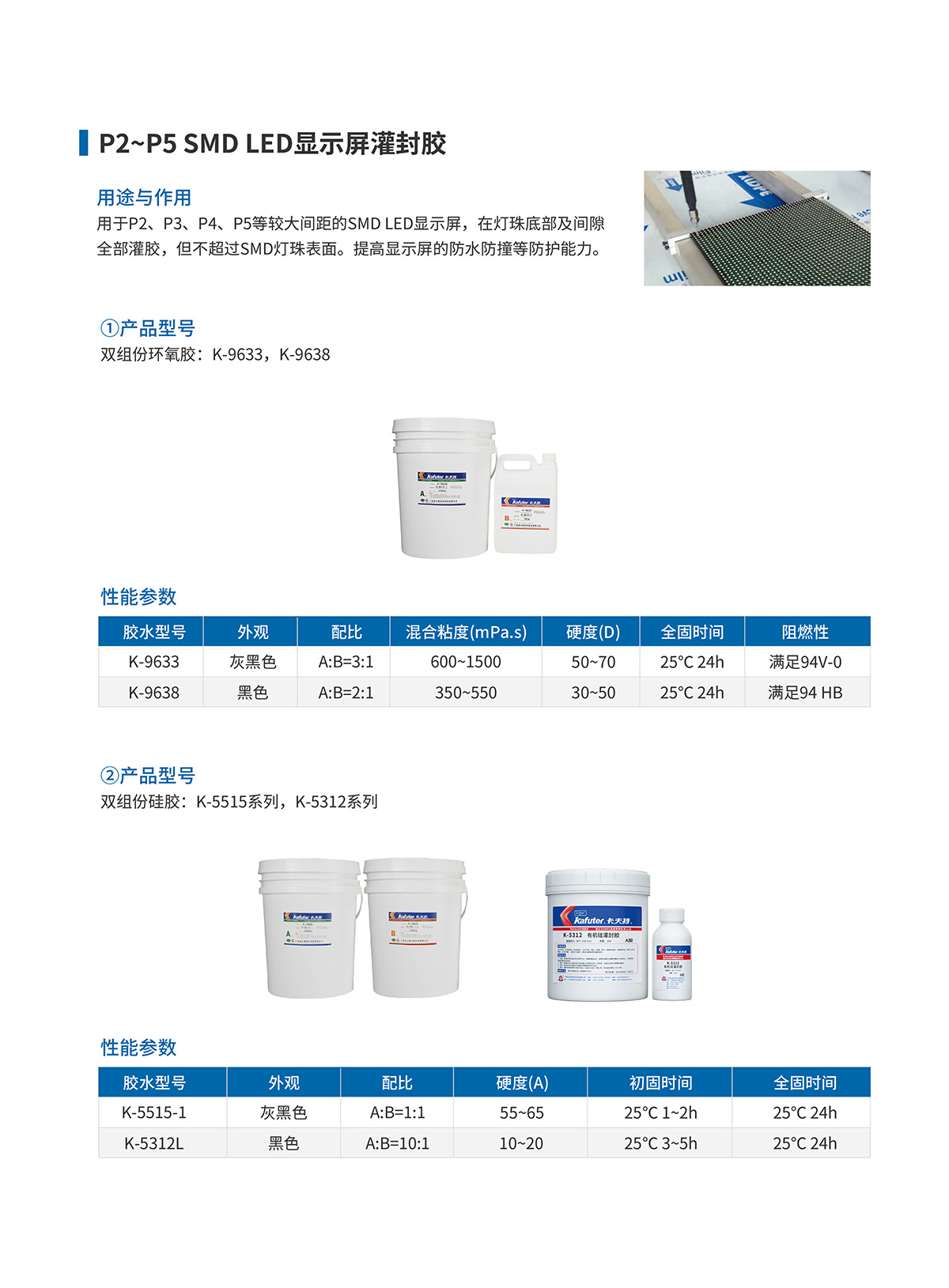 P3~P5 SMD LED显示屏灌封胶双组份环氧胶:K-9633,K-9638;双组份硅胶：K-5515系列，K-5312.
