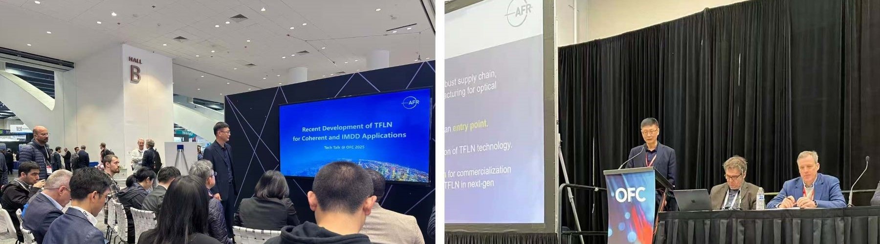 光庫科技作為廠商受邀出席由HyperLight主辦的“薄膜鈮酸鋰光子技術(shù)商業(yè)化進(jìn)程”專題討論會(huì)，并發(fā)表主題演講《薄膜鈮酸鋰產(chǎn)品的商業(yè)化路徑》。針對薄膜鈮酸鋰技術(shù)商業(yè)化挑戰(zhàn)，光庫科技提出“技術(shù)優(yōu)化 + 產(chǎn)業(yè)協(xié)作”雙驅(qū)動(dòng)策略，通過協(xié)同設(shè)計(jì)突破技術(shù)瓶頸，并呼吁建立標(biāo)準(zhǔn)化生態(tài)鏈推動(dòng)規(guī)模化量產(chǎn)。此外，光庫科技還在Optica Tech Talk講座發(fā)表了《薄膜鈮酸鋰在相干和IMDD應(yīng)用中的新進(jìn)展》演講，分享了薄膜鈮酸鋰在光互聯(lián)、數(shù)據(jù)傳輸和量子計(jì)算中的應(yīng)用前景。