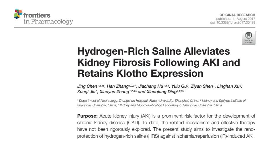 【納諾氫科研】文獻(xiàn)速遞① | 富氫鹽水緩解AKI后腎纖維化并保留Klotho表達(dá)的研究