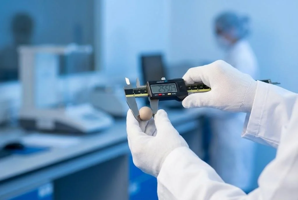 Quality inspection of precision grade ceramic bearing balls using micrometers in a cleanroom environment.