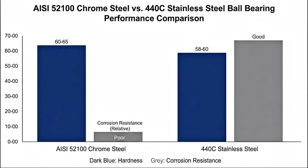 AISI 52100 chrome steel vs 440C stainless steel ball bearing performance comparison chart showing hardness and corrosion resistance AISI 52100 chrome steel vs 440C stainless steel ball bearing performance comparison chart showing hardness and corrosion resistance