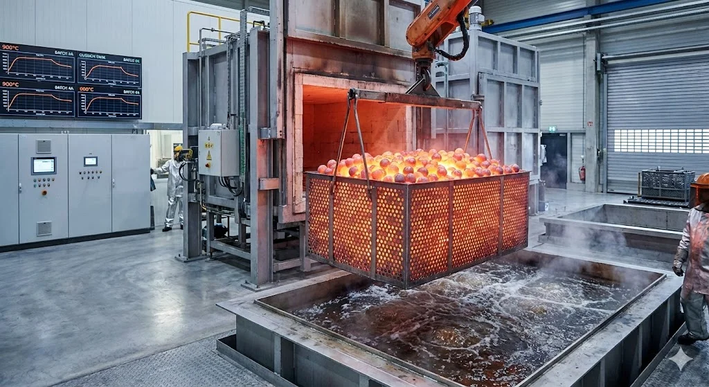 Industrial heat treatment process showing glowing bearing steel balls exiting a furnace in a CQI-9 compliant facility.