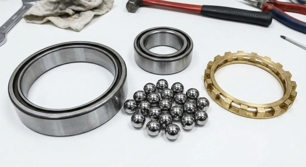 Disassembled ball bearing components showing loose bearing steel balls separated from the inner ring, outer ring, and cage.