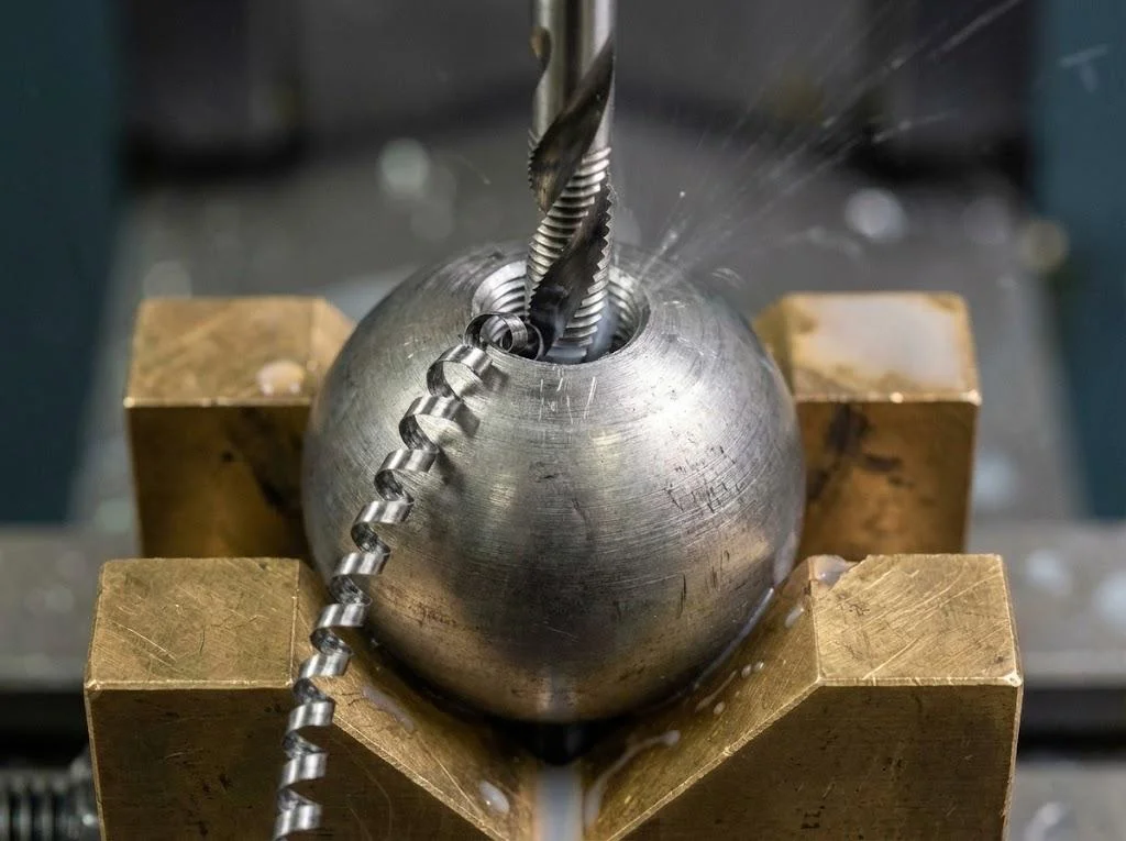 Thread tapping operation on an annealed carbon steel ball, showing long, clean metal chips indicating excellent machinability.