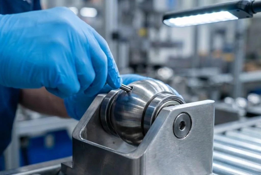 Assembling a through-hole steel ball using a roll pin for easy field replacement in conveyor systems.