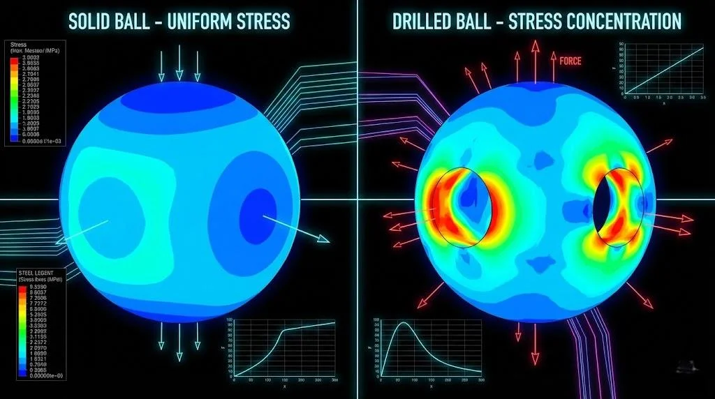 FEA stress analysis showing load capacity difference between solid bearing balls and drilled steel balls.