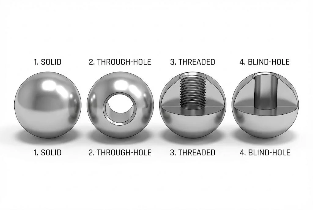 Comparison of steel ball types: Solid vs. Through-Hole vs. Threaded vs. Blind-Hole configurations for mechanical engineering application