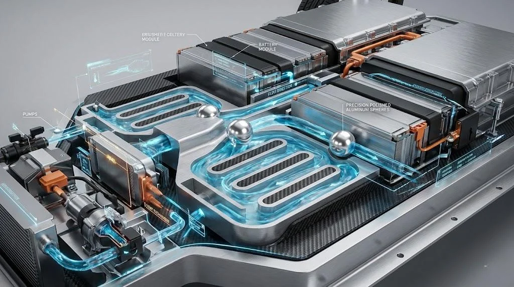 Cutaway view of an electric vehicle battery cooling system showing precision aluminum balls functioning as thermal management valves.