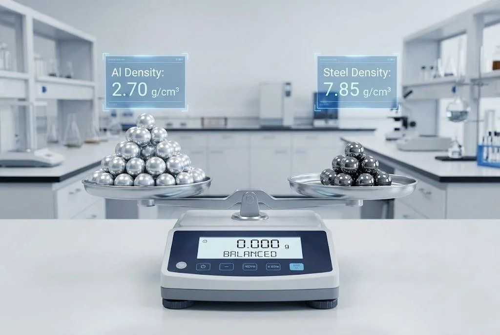 A visual comparison on a balance scale showing a large volume of aluminum balls equaling the weight of a small volume of steel balls, illustrating the 65% density advantage.