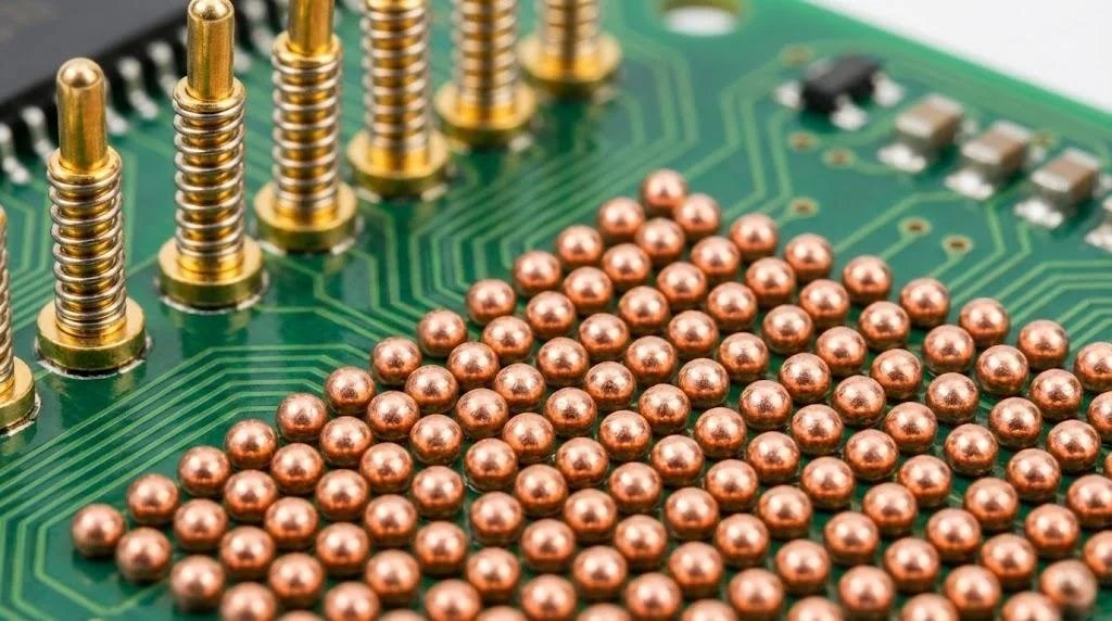 Miniature precision copper balls for electronic connectors and PCB testing fixtures.