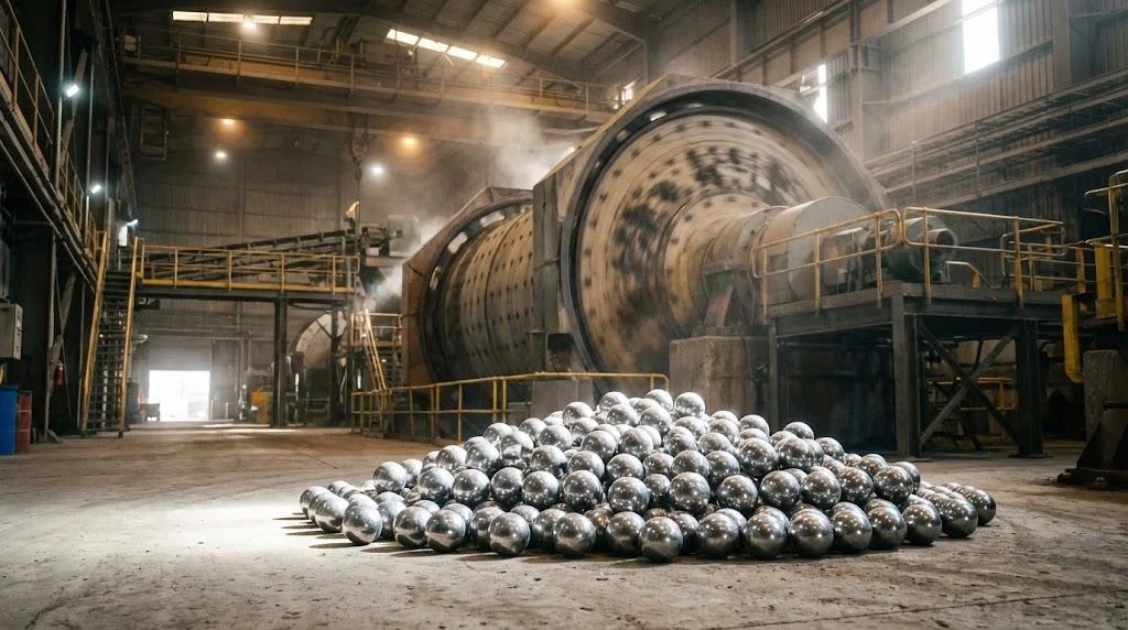 Large SAG mill in mining operation using high-performance forged steel grinding media for ore processing.