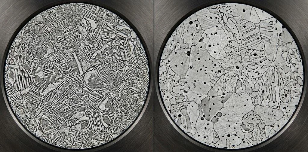 Metallographic microstructure comparison showing fine grain forged steel vs coarse dendritic cast steel structure.