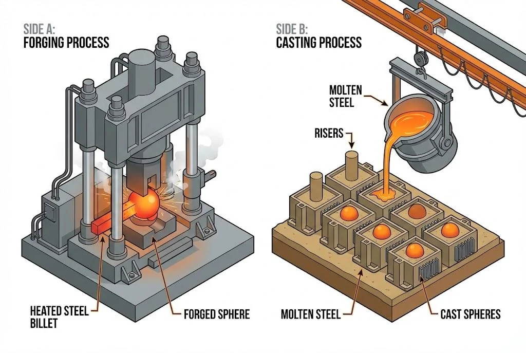 Manufacturing process diagram showing difference between hot forged steel balls and cast steel grinding media production
