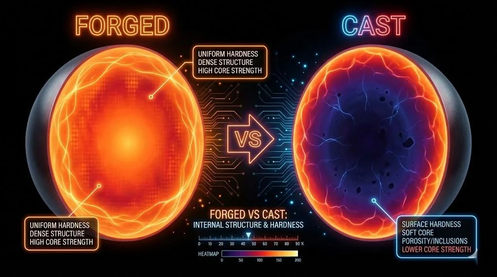 Cross-section hardness distribution graph comparing uniform forged steel balls versus soft-core cast steel balls