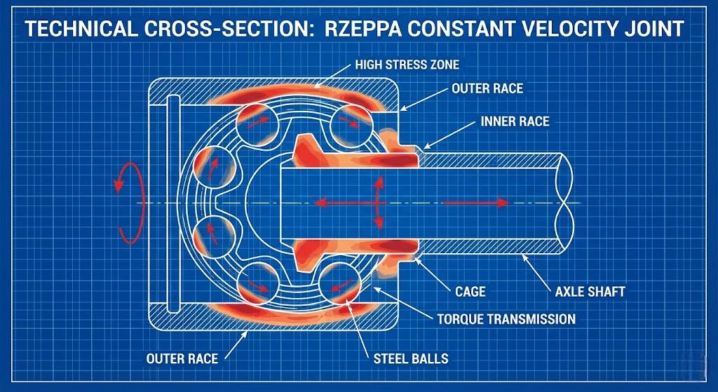Technical diagram cross-section of an automotive CV joint showing steel balls under high contact stress load during operation. Technical diagram cross-section of an automotive CV joint showing steel balls under high contact stress load during operation.