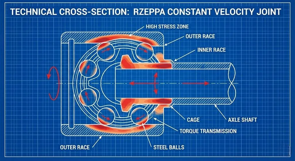 Technical diagram cross-section of an automotive CV joint showing steel balls under high contact stress load during operation.