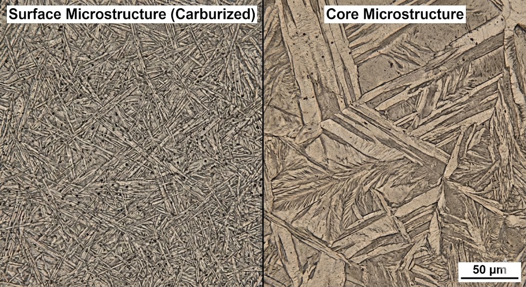 Metallographic microscope comparison showing fine martensite structure on the surface vs. tougher core structure of a CV joint ball. Metallographic microscope comparison showing fine martensite structure on the surface vs. tougher core structure of a CV joint ball.