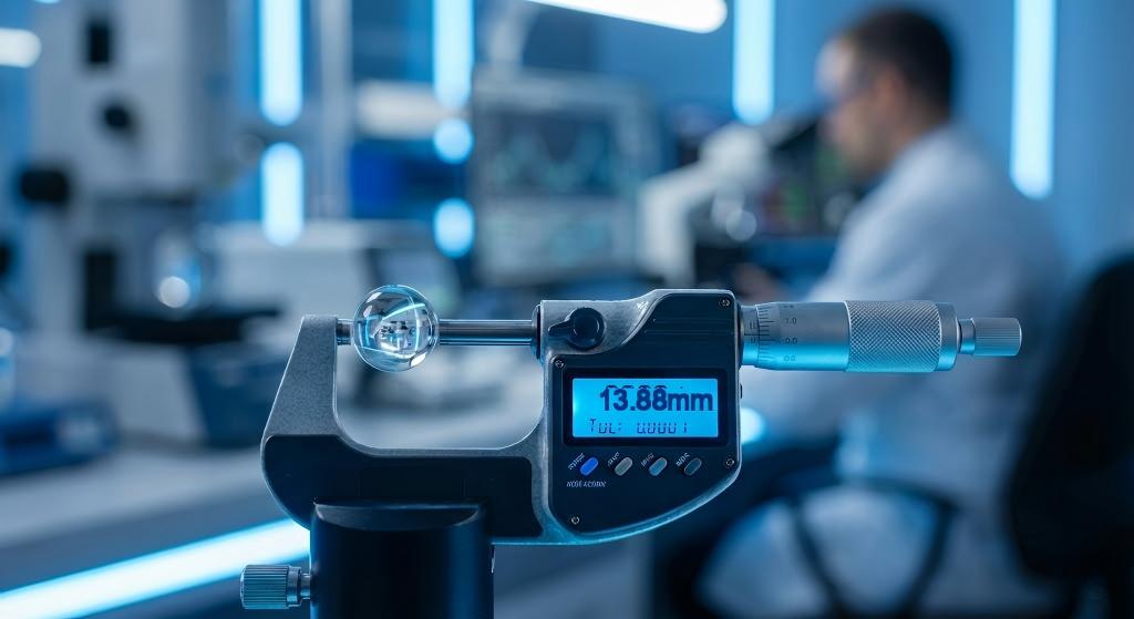 Quality control process showing the diameter measurement of a G10 precision glass ball.