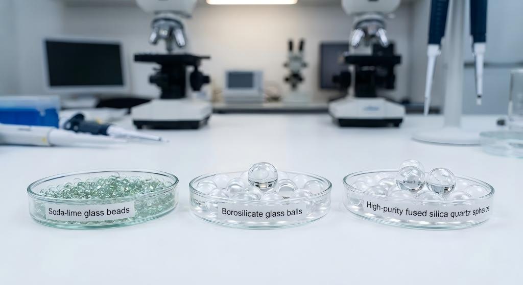 Comparison of soda-lime, borosilicate, and quartz glass balls in a laboratory setting.