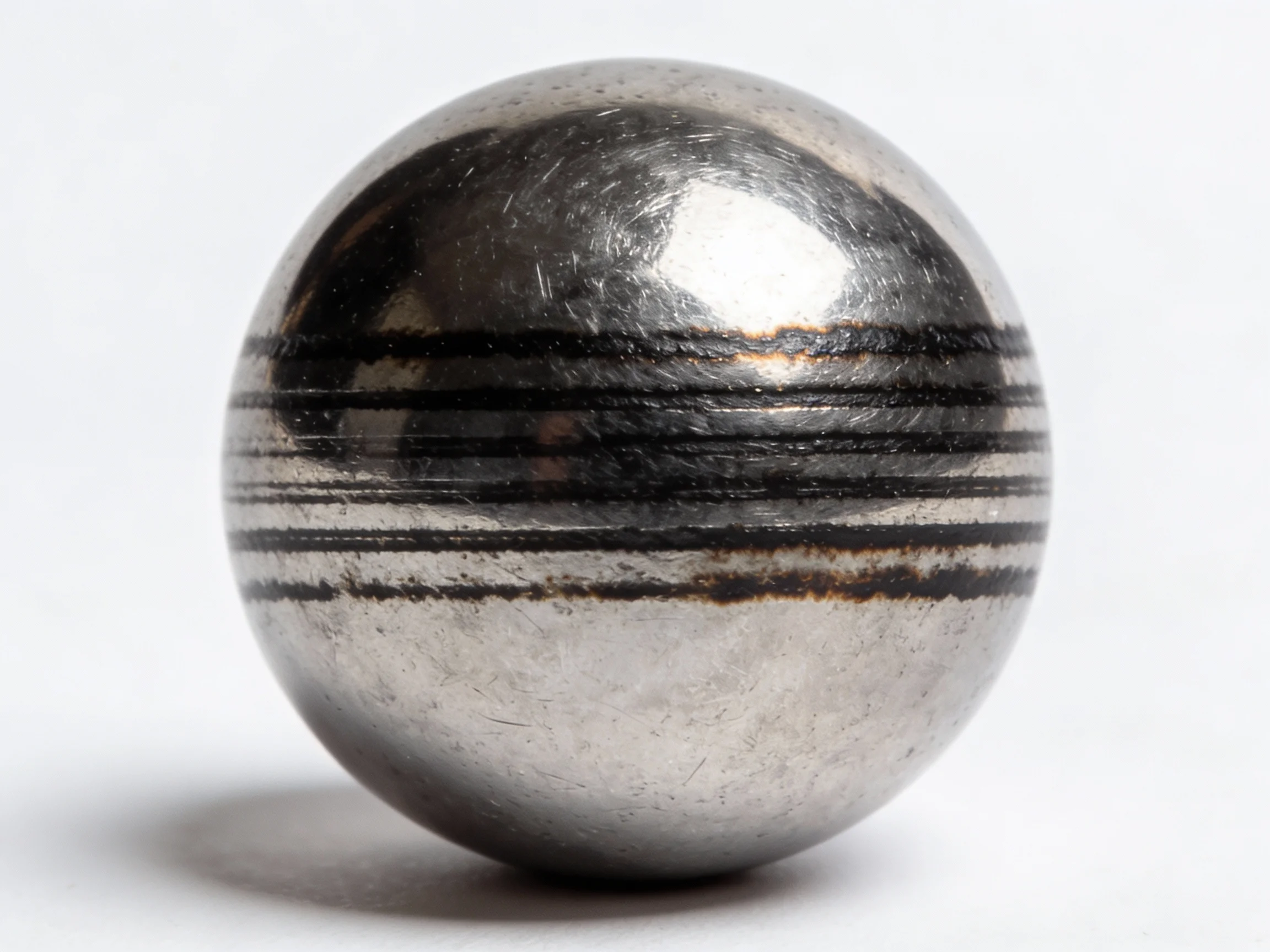 Macro photography of precision steel ball surface showing linear grinding burn marks caused by slippage between grinding wheel and stationary plate Macro photography of precision steel ball surface showing linear grinding burn marks caused by slippage between grinding wheel and stationary plate