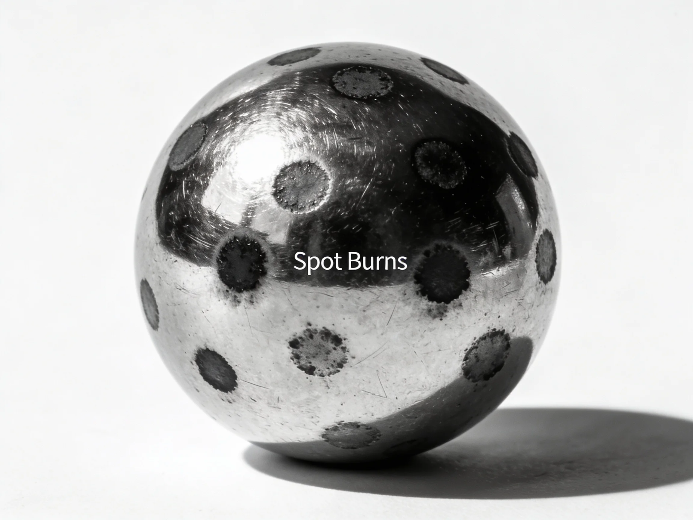 Microscopic view of steel ball showing spot burn defect caused by foreign debris impact and uneven coolant distribution Microscopic view of steel ball showing spot burn defect caused by foreign debris impact and uneven coolant distribution