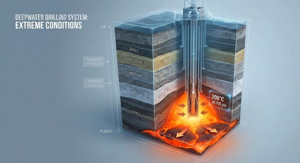 Infographic showing extreme temperature and pressure conditions in a 15,000 ft deepwater oil well