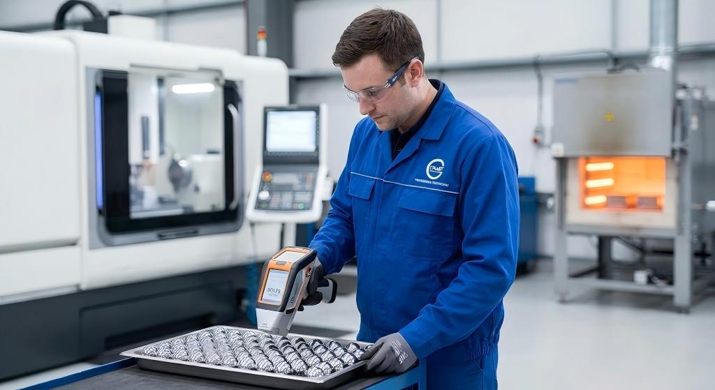 A professional technician in a clean factory uniform using a handheld PMI spectrometer to test a batch of shiny steel balls. In the background, high-end CNC grinding machines or heat treatment furnaces. Soft industrial lighting, shallow depth of field.